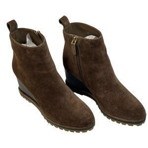 Tory Burch Logo 85mm Lug Sole Wedge Brown Suede Booties Womens 8.5M New $428